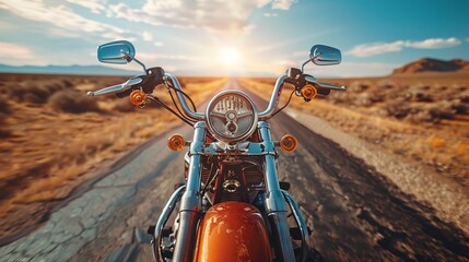 Close-up shot of a motorbike rider on the road with empty space around him and a background of desert and blue sky. Capturing the thrill of the ride in an open, expansive landscape
