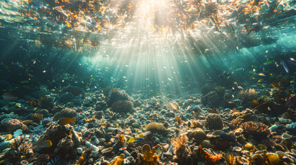 Pieces of plastic bottles under the sea.