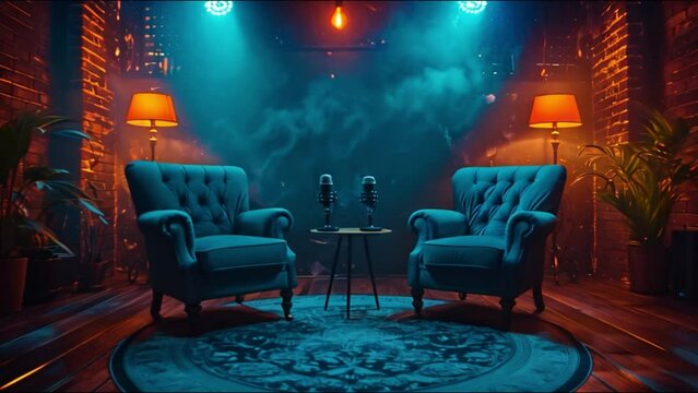 This Two blue armchairs in a dark room with two microphones. Podcast and streaming concept