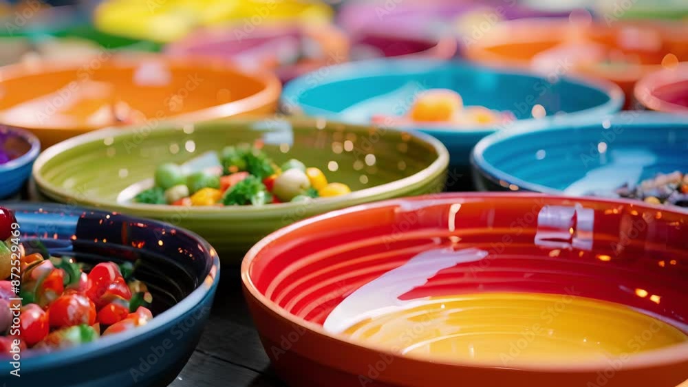 Poster brightly colored plates and bowls are arranged neatly on the table ready to be filled with a diverse