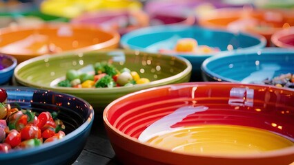 Brightly colored plates and bowls are arranged neatly on the table ready to be filled with a diverse array of locally sourced foods.