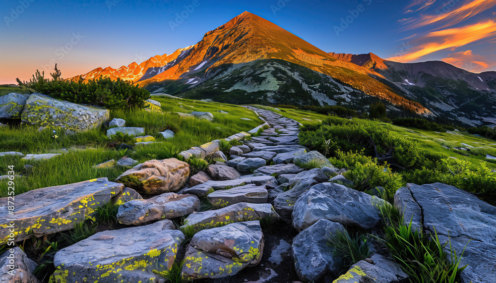 Poster a mountain range with a path leading up to it