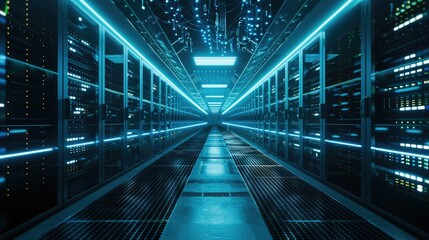 Obraz premium Futuristic Digital Data Center with Glowing Blue Server Racks and Intricate Cable Web