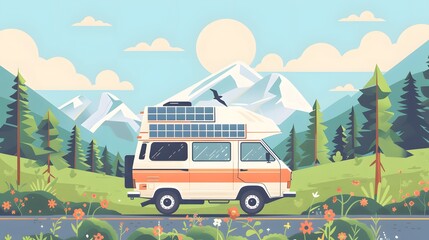 A white van with solar panels on the roof drives through a mountain valley on a sunny day.