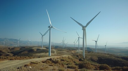 Renewable energy wind turbines in a wind farm against a clean background.  sustainable energy and environmental conservation concept