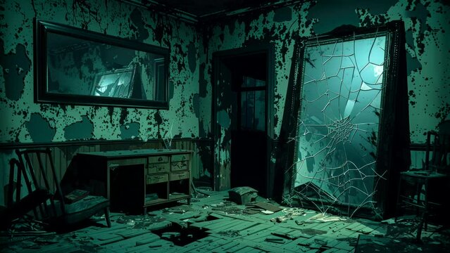 Abandoned room with broken mirror and decaying furniture. Urban decay and haunting concept