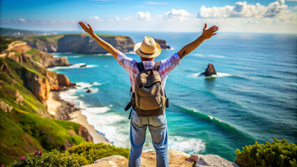 Man standing on a cliff with his arms outstretched, looking out at the ocean. he is wearing a hat and a backpack.