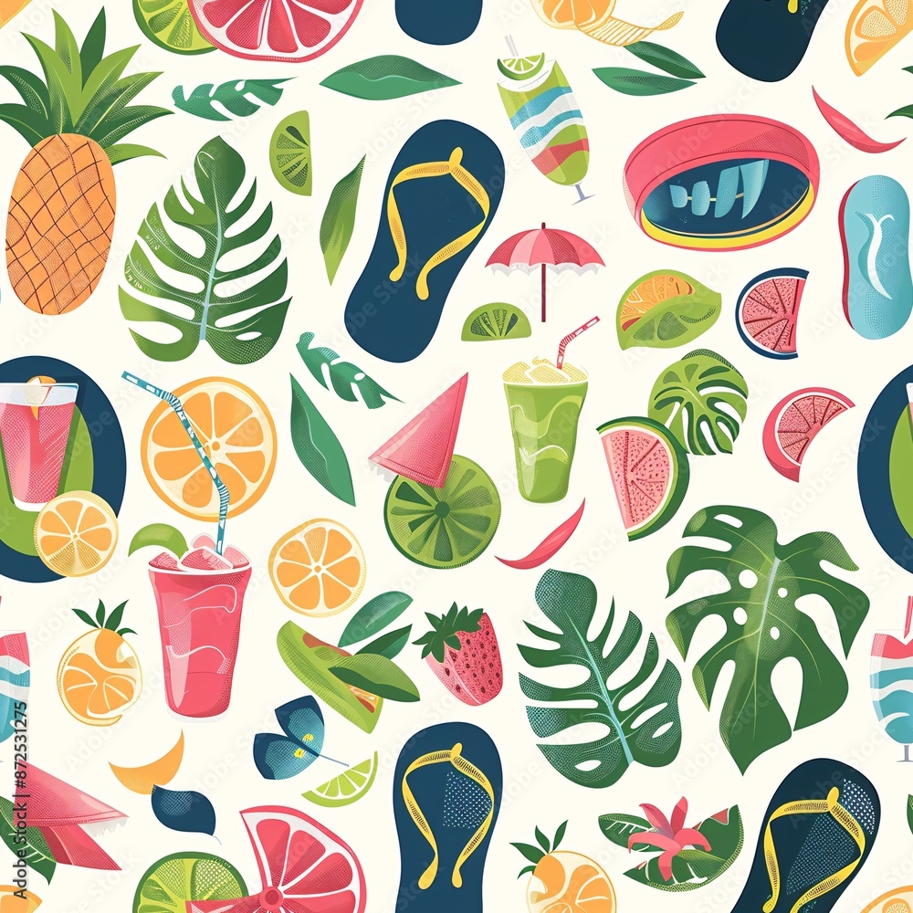 Poster a seamless pattern showcasing summer elements such as flip-flops, sun hats, and tropical drinks, cre