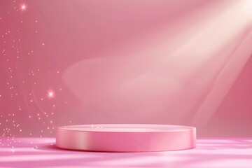 Pink Podium with Round Neon Frame on Abstract Lights Background. Sparkling Lights for Product Presentation on Minimalist Empty Stage