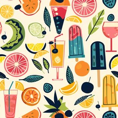 A seamless pattern displaying a variety of summer treats like popsicles, cocktails, and fresh fruit, perfect for a fun and refreshing look
