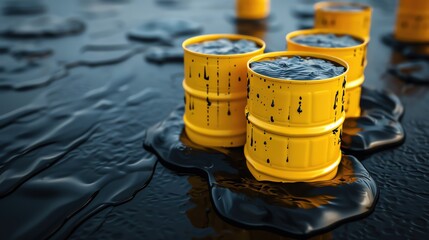 Fototapeta premium Several yellow oil barrels are leaking black oil onto a dark surface, illustrating the environmental hazards of oil spills and industrial pollution.