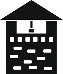 Simple solid black icon of a castle tower with battlements and a roof