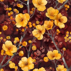 watercolor Goldenrod flowers in bright yellows, delicate scatter patterns, dark maroon background, luminous and cheerful, seamless repeating pattern, minimal pattern,, seamless repeating pattern