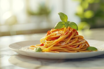 Spaghetti with tomato sauce and parmesan cheese on a plate
