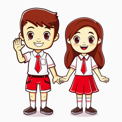 cute school girl and boy cartoon character. Indonesian elementary school student