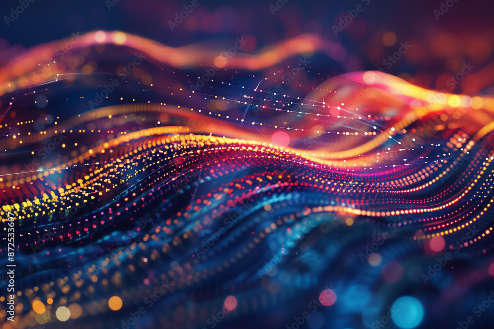 Wall mural technology abstract background with colorful digital line dots