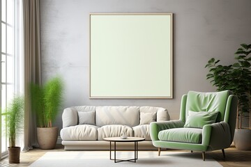 Blank Poster Mockup in Modern Living Room Home Decoration with Green Wooden Furniture, White Wall Abstract Background