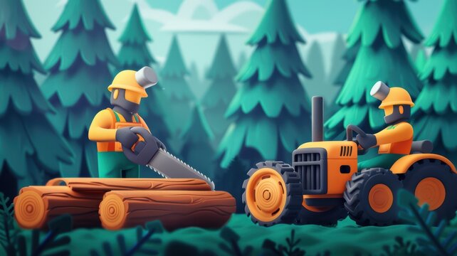 Lumberjacks Working in Forest with Chainsaw and Tractor in Cartoon Style