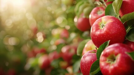 Obraz premium Fresh Red Apples on Tree Branches in Sunlit Orchard with Green Leaves