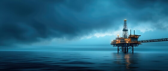 Offshore Oil Rig at Dusk with Dramatic Sky and Calm Ocean Waters