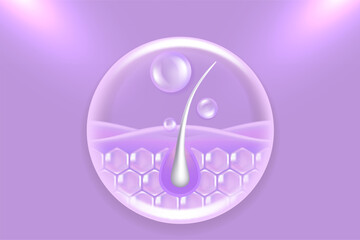 Hyaluronic acid and Niacinamide gray hair and skin solutions ad, purple collagen serum drops into skin cell with cosmetic advertising background ready to use, illustration vector.	