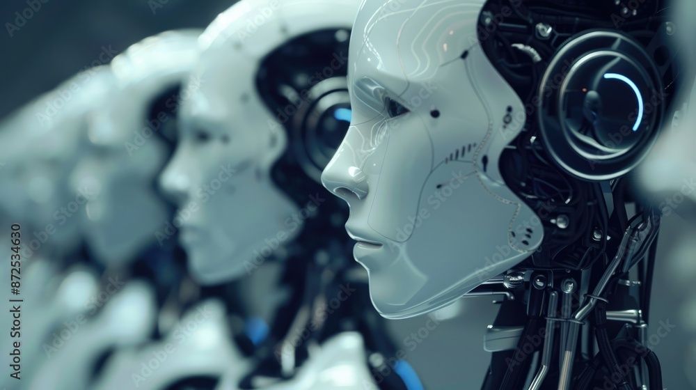 Poster an advanced robotic system interacts with a digital hologram, offering a glimpse into the future of 