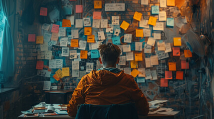 Author surrounded by sticky note plot points