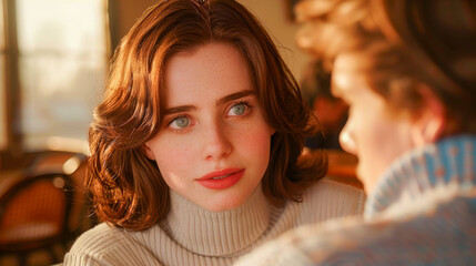 Fototapeta premium Thoughtful Conversation in Cozy Café Setting