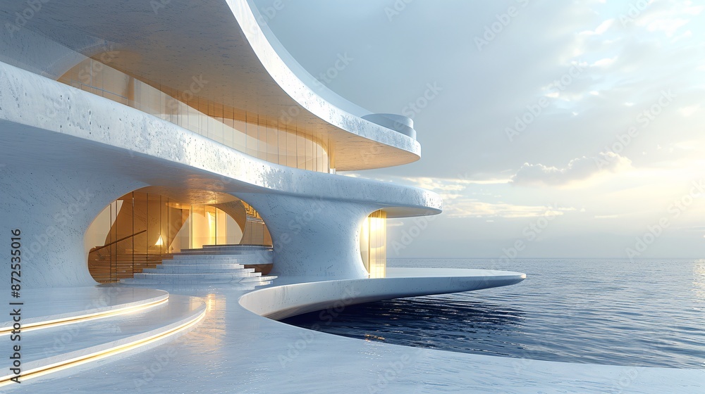 Poster surreal 3d rendering of minimal architecture, showcasing abstract geometric shapes and a harmonious,