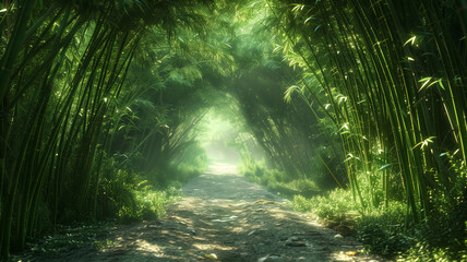 Obraz premium A bamboo grove with tall, slender stalks creating a natural tunnel of green leaves. The peaceful ambiance is enhanced by the gentle rustling of the bamboo in the wind.