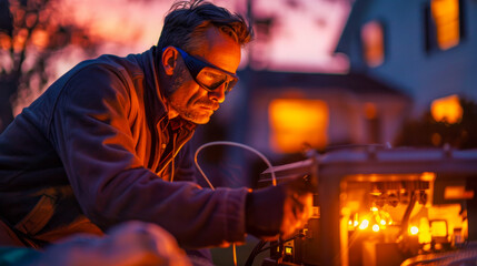 Dedicated Electrician Working on Outdoor Electrical Equipment at Dusk