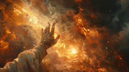 Hero's triumphant pose with hand raised