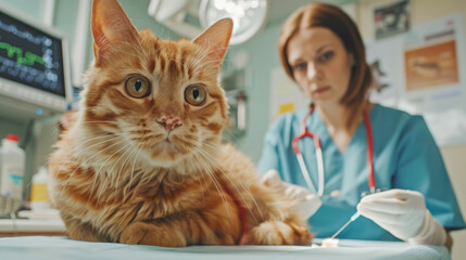 Orange Cat Getting Medical Examination from Veterinarian at Animal Hospital