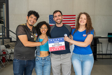 diverse group holding a Your Vote Matters 2024 sign at a US election polling station. voting booths at the background, democracy in America