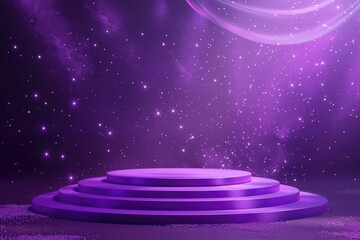 Obraz premium Empty Purple Podium with Colorful Neon Light Ring Spotlight on Purple Background For Product Presentation