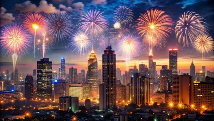 Cityscape Fireworks Show at Night - Urban Celebration with Dramatic Sky