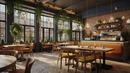 a restaurant with tables and chairs and plants on the walls.
