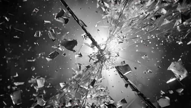 A dramatic shot of light bursting through a shattered pane of glass creating a sense of chaos. Black and white art
