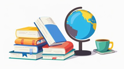 A globe, books and an Phone on the table in cartoon style, white background, vector illustration with flat design. The blue book is placed next to other colored thick school textbooks