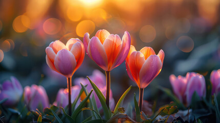 Tulip garden, first blooms, renewal of life. Colorful beautiful fall  amazing dreamy romantic artistic image spring nature flowers magical in sunny garden.