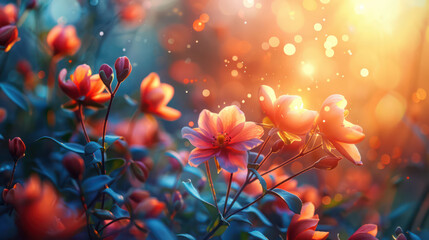 Early spring garden, first blooms, renewal of life. Colorful beautiful fall  amazing dreamy romantic artistic image spring nature flowers magical in sunny garden.