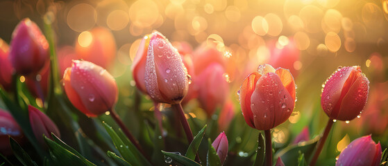 Tulip garden, first blooms, renewal of life. Colorful beautiful fall  amazing dreamy romantic artistic image spring nature flowers magical in sunny garden.