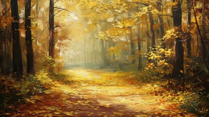 Capture the essence of a peaceful forest in autumn, with golden leaves blanketing the ground and sunlight filtering through the trees in your oil painting.