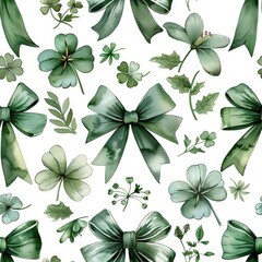 Obraz premium watercolor Green ribbon bows with shamrocks, arranged in a repeating pattern on a white background, decorative and festive, minimal, seamless repeating pattern
