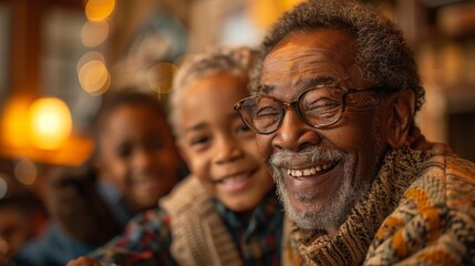 Happy Grandfather Posing With Grandchildren at a Holiday Gathering