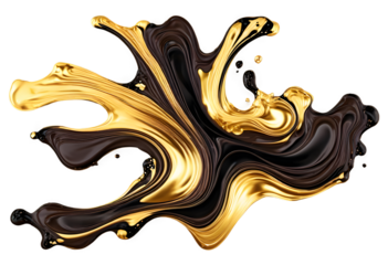 gold brush dark brown and black luxury abstract fluid art painting splash alcohol background isolated on transparent PNG background.