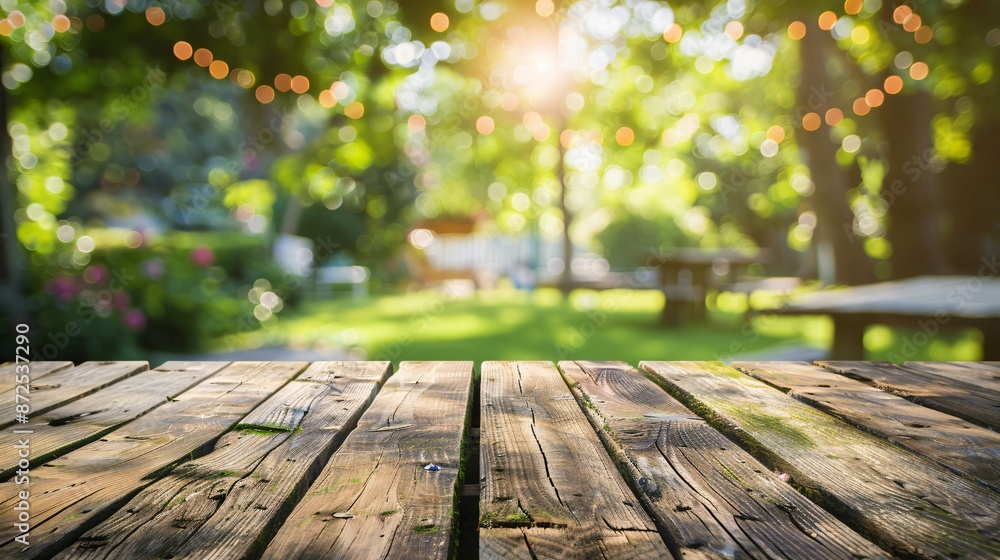 Wall mural empty wooden table in summer background with the blurred green garden and party in the background.