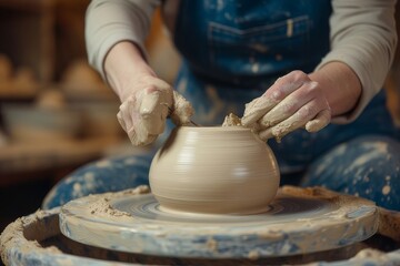 A Potter's Hands Shaping a Clay Vessel on a Spinning Wheel