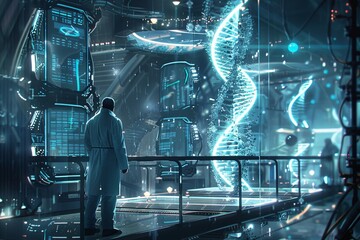 Scientist in Futuristic Lab with DNA Model.