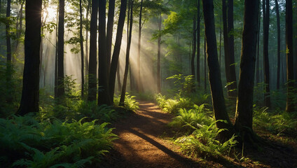 Obraz premium the serene beauty of a sunlit green forest